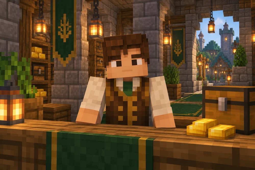 Minecraft-style concept portrait of Jimmy, Haven Square banker