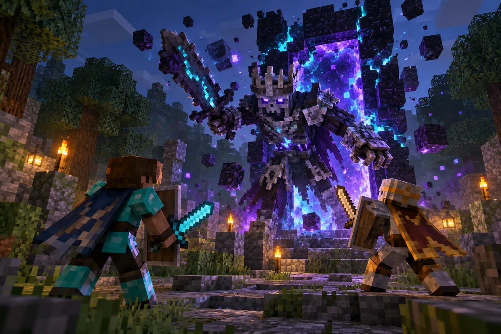 Minecraft-style concept art of adventurers confronting a boss at a fractured Tether Rift