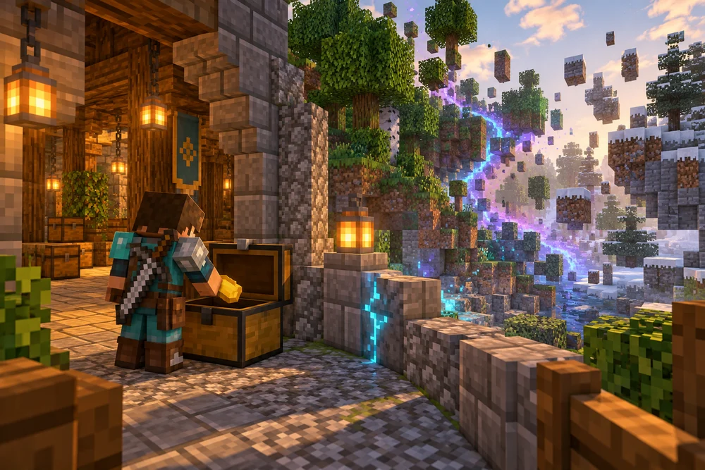 Minecraft-style concept art of valuables banked safely in Haven while a Tether Shift reshapes the wilderness